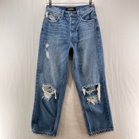 Express Denim - Express Jeans Womens Size 2 Dad Jean High Rise Distressed Cropped Denim Blue